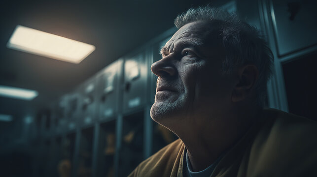 Portrait of older man looking up in locker room with dramatic lighting