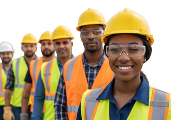 Diverse team of construction workers in safety gear, isolated on transparent background