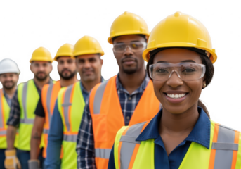Diverse team of construction workers in safety gear, isolated on transparent background