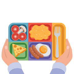 Person holding school cafeteria tray vector illustration isolated on white background