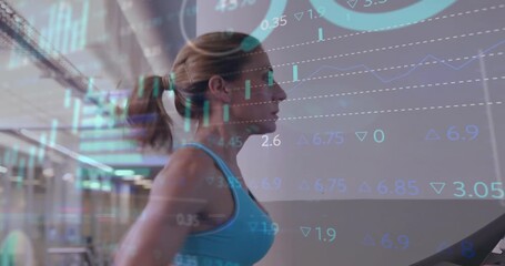 Woman starting treadmill running while scrolling stock charts tracking finance metrics during run