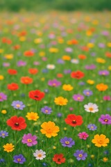 Vibrant wildflower field with multicolored blossoms in blooming meadow