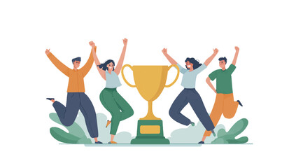 Celebrating victory joyful team jumping with big golden trophy success teamwork achievement goal happy cartoon people