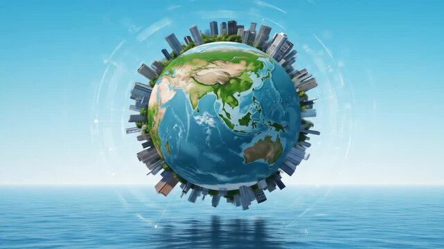 Global Harmony: Cityscape and Nature - A vibrant 3D video of Earth surrounded by a ring of modern cityscapes, showcasing a harmonious blend of urban development and natural landscapes.