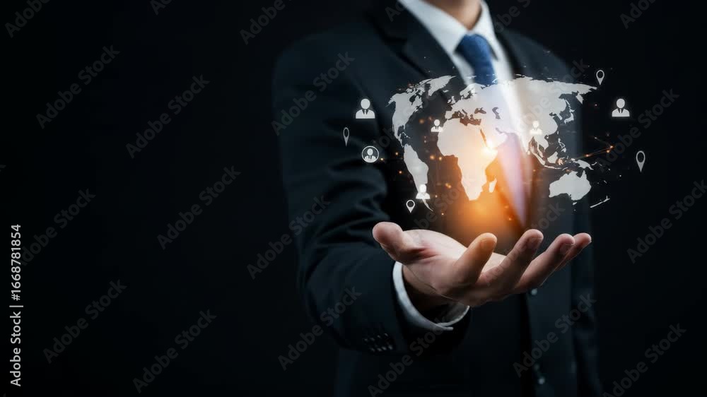 Poster global business network connection - a businessman's hand displays a glowing, transparent world map 