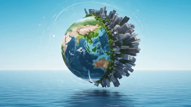 Global Harmony: Sustainable Cityscapes - A vibrant 3D model of Earth showcases interconnected cityscapes, symbolizing global unity and sustainable urban development.
