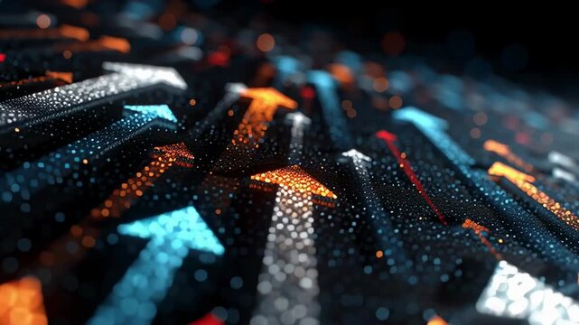 Glowing arrows point upwards in abstract digital background. Intricate design creates depth and dimension. Ideal for concepts like technology, innovation, growth