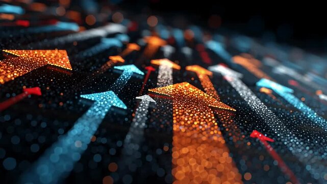Glowing arrows point in various directions creating a vibrant abstract background. Setting includes a dark surface with illuminated elements. Concept of digital marketing, innovation, technology