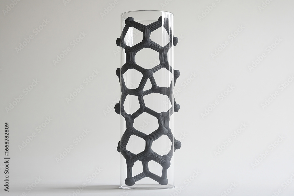 Poster 3D printed hexagonal lattice structure inside a clear cylinder on a white background