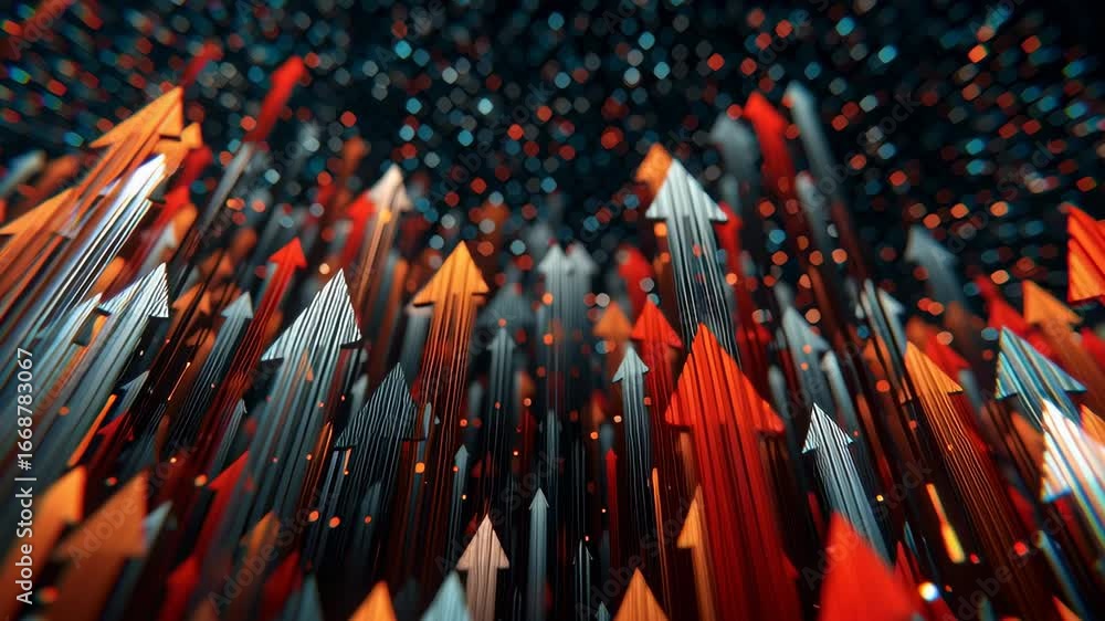 Poster glowing arrows in varied colors rise against dark backdrop, creating an energetic abstract backgroun