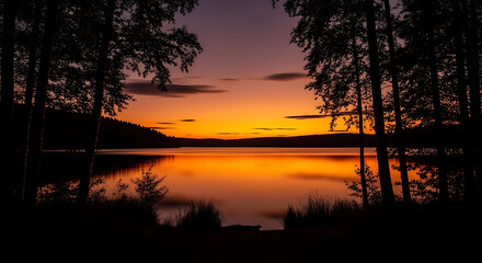 A serene lake reflecting a vibrant sunset framed by silhouetted trees in the foreground view ai generated