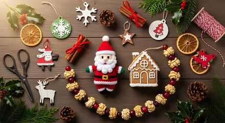 Christmas decorations and crafting supplies arranged on a wooden surface in a flat lay style