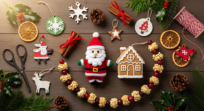 Christmas decorations and crafting supplies arranged on a wooden surface in a flat lay style