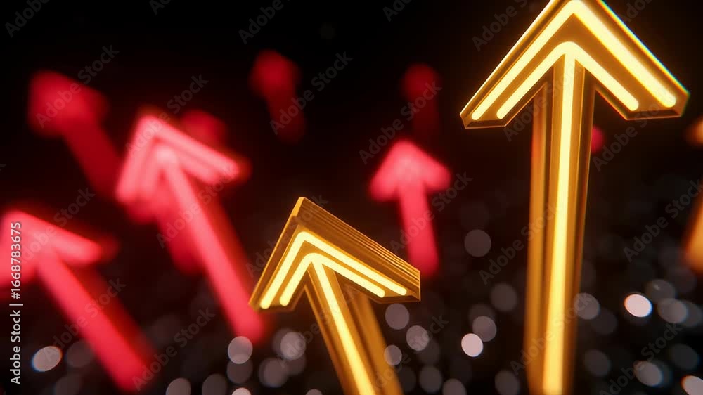 Poster glowing arrows pointing upward against dark abstract background create visual rhythm. vibrant colors