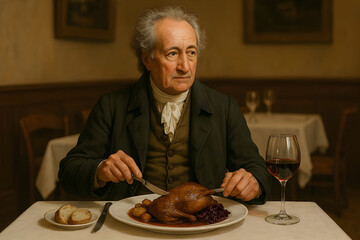 Johann Wolfgang von Goethe sitzt am Tisch und isst eine Ente und trinkt dazu Rotwein