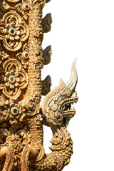 Fototapeta premium The beautiful golden Naga wood carved pillars, a symbol of the Lanna culture of northern Thailand, are ancient and appear on the temple wall.