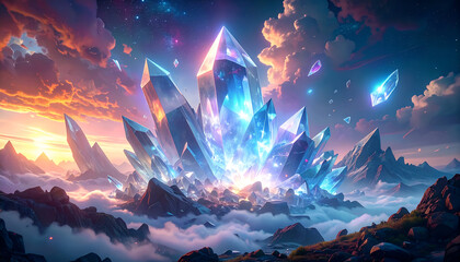 A glowing crystal shattering into encrypted fragments that fly to different cloud locations