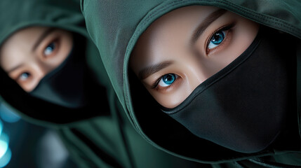 Naklejka premium Masked criminals in dark hoodies staring menacingly, black masks concealing identities, resembling intense characters from viral Korean survival drama series