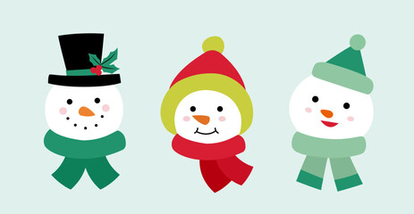 Set of Cute Christmas snowmen head flat vector illustration.
Winter holiday snowman face cartoon.
Design for greeting card, poster, invitation banner, leaflet.