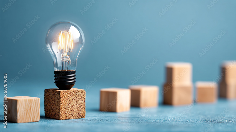 Poster a lightbulb on a wooden block with other blocks ascending on a blue background represents an idea