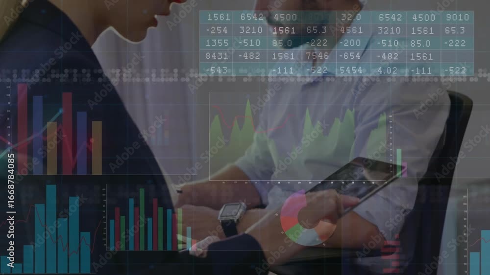 Poster woman tapping tablet and swiping charts with man pointing bars for data analysis