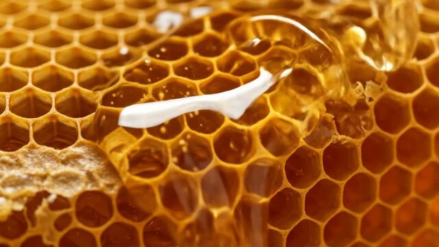 Golden Honeycomb Texture Close Up - A detailed close-up shot of a honeycomb filled with golden honey. The hexagonal cells are clearly visible, showcasing the natural texture and sweetness of the