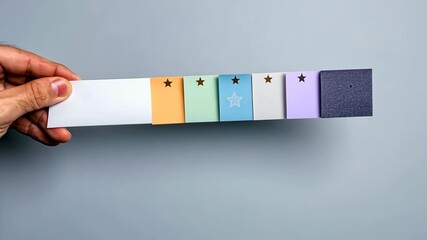 Hand holds a series of colorful paper strips marked with decorative stars, showcasing their versatility for crafting and organizing tasks