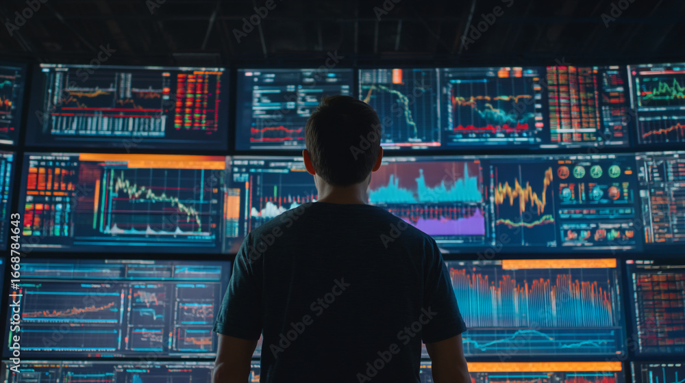 Poster man standing in front of a wall of monitors displaying financial data and stock market graphs