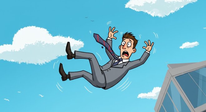 Cartoon Businessman Plunging from Skyscraper, Facing Financial Disaster