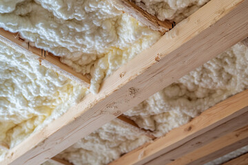 Obraz premium Spray foam insulation filling wooden ceiling joists home improvement project