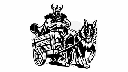 Fototapeta premium Viking with horned helmet riding a cart pulled by a large wolf in a black and white illustration | editable eps vectors silhouette