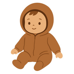 Cute baby sitting in brown onesie with a cheerful expression  