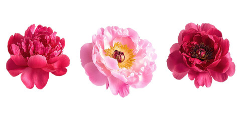 Vibrant set of lush peony blooms on pristine white