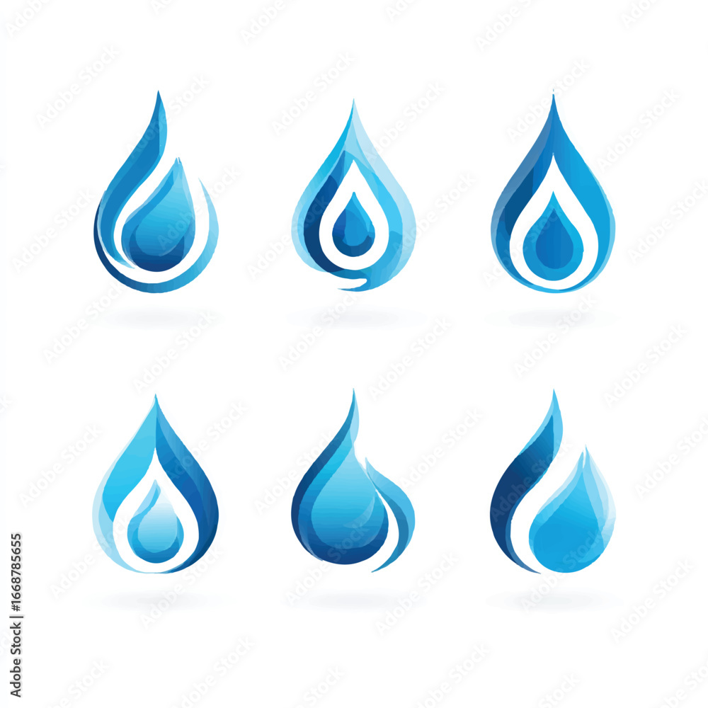 Poster collection of artistic water drop vector illustrations showcasing different designs and shades of bl