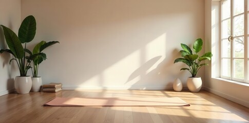 A serene yoga background with mats and props set up in a tranquil studio, ready for a calming practice , wellness, studio