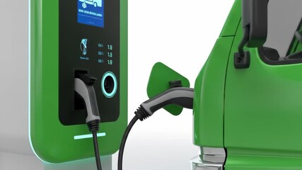 Green Electric Delivery Truck Charging Station - A close-up shot of a green electric delivery truck connected to a charging station. - Powered by Adobe