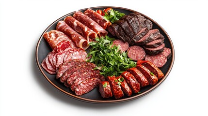 Assorted Premium Cold Cuts and Deli Meats Platter Featu Sliced Sausages Salami and Roast Beef Arranged on Black Plate with Fresh Green Garnish for Appetizer