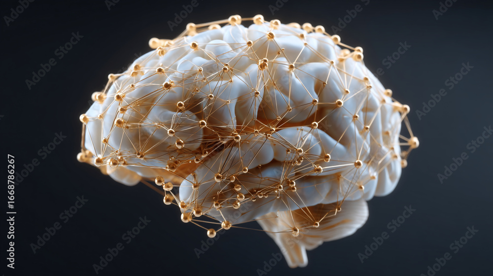 Aufkleber anatomical brain model connected by golden nodes and lines on a dark gray gradient background