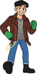 Confident cartoon man wearing leather jacket, green gloves, stylish outfit, smiling character, retro fashion, tough guy look, walking pose illustration