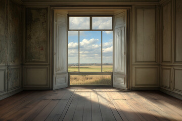 Obraz premium Sunlit rustic room with open French doors revealing a scenic landscape view