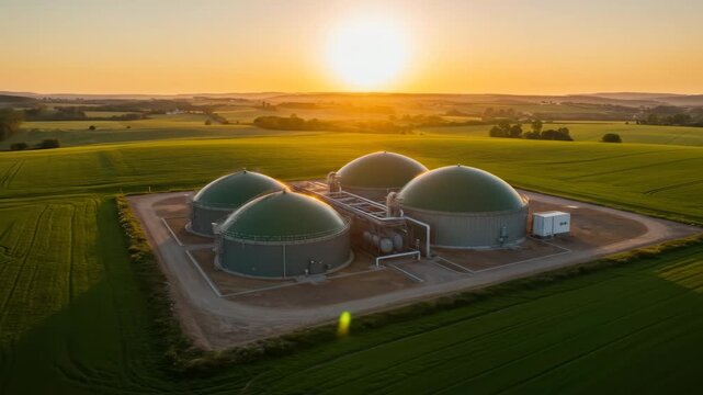 Green Energy Domes at Sunset - Aerial view of a biogas plant at sunset. Four green energy domes are situated in a lush green field, showcasing sustainable farming and renewable energy.