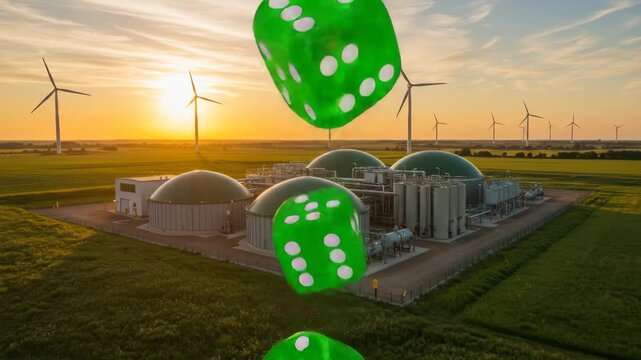 Green Energy Gamble: Biogas Plant and Wind Turbines - Translucent green dice fall against a backdrop of a modern biogas plant and wind turbines at sunset, symbolizing the uncertainty and potential of