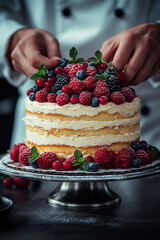 A pastry chef's hands carefully decorating a homemade naked cake with fresh, vibrant raspberries and blackberries. A focus on artisan craftsmanship and fresh ingredients