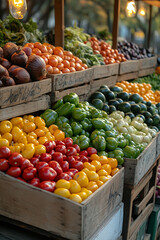 A vibrant and colorful farmers market stand with fresh organic bell peppers and other vegetables arranged in rustic wooden crates, creating a rich visual texture