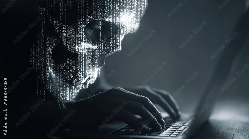 Aufkleber hacker using laptop with abstract skull shape binary code hacking and attack concept multiexposure n
