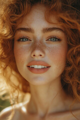 A beautiful young woman with bright freckles, blue eyes, and natural red curly hair, smiling softly. This vibrant and authentic close-up portrait captures joy and natural beauty