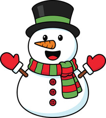Cute cartoon snowman with scarf and hat, happy winter holiday character illustration, Christmas themed vector for kids, greeting cards, seasonal designs