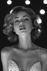 Glamorous black and white portrait of a 1950s-style actress. Elegant, vintage Hollywood aesthetic with dramatic lighting, capturing classic beauty and sophistication