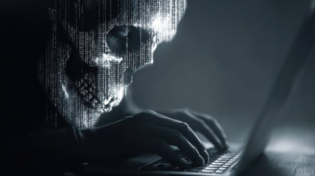 hacker using laptop with abstract skull shape binary code hacking and attack concept multiexposure  no logos no brands ar 169