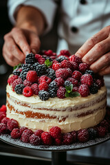 A pastry chef's hands carefully decorating a homemade naked cake with fresh, vibrant raspberries and blackberries. A focus on artisan craftsmanship and fresh ingredients